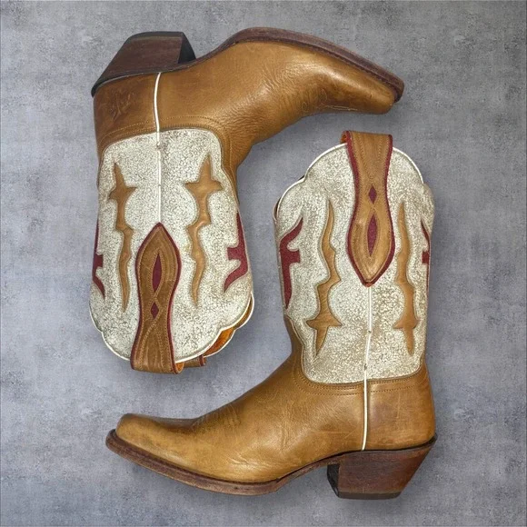 Frye Lilly Short Tan Leather Western Boots Womens 6B Inlay Detail Boho Festival - Picture 6 of 12